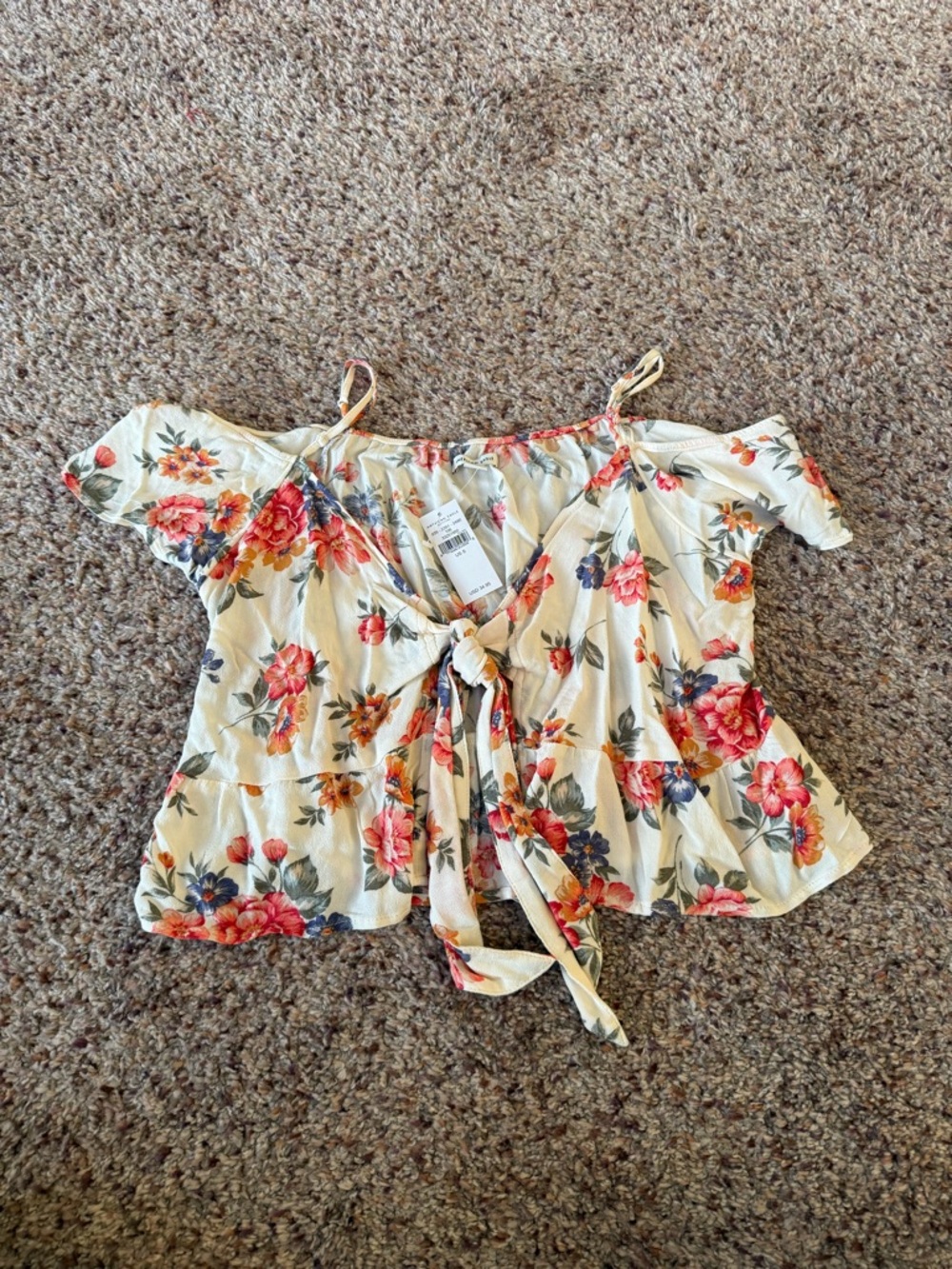 American Eagle Outfitters Cream Floral Tie-Front Crop Top